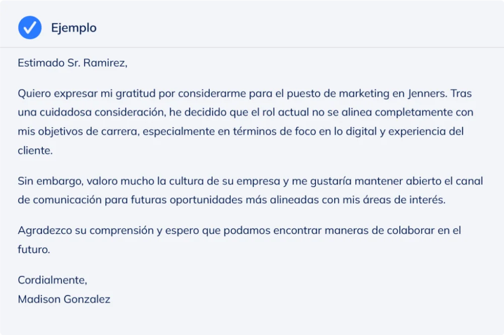 Rechazar una oferta laboral con cortesía y profesionalismo
